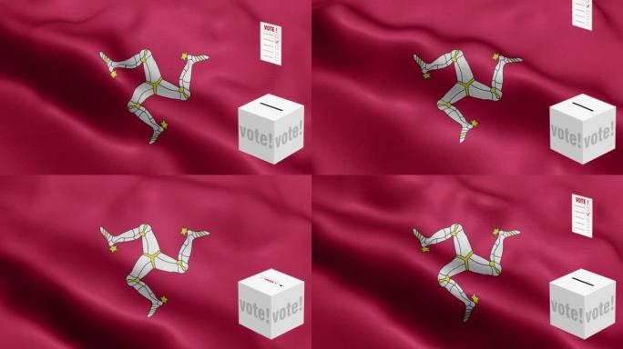 选票飞到箱子为马恩岛选择-投票箱在国旗前-选举-投票-马恩岛国旗-马恩岛国旗高细节-国旗马恩岛波浪图