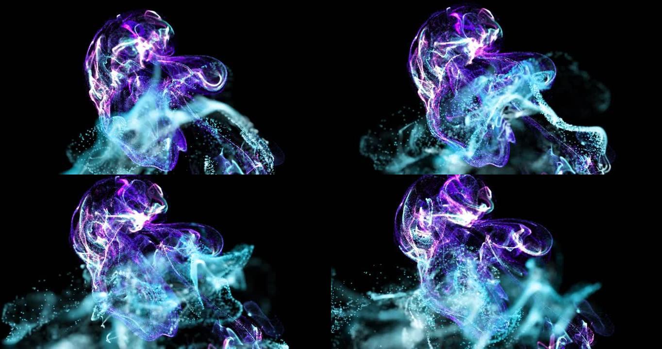 紫色和蓝色粒子云在黑色背景上移动的动画