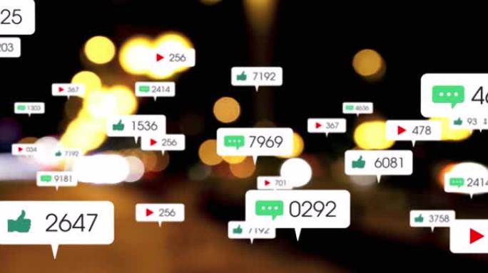 社交媒体图标和数字在焦点外的交通信号灯上的动画