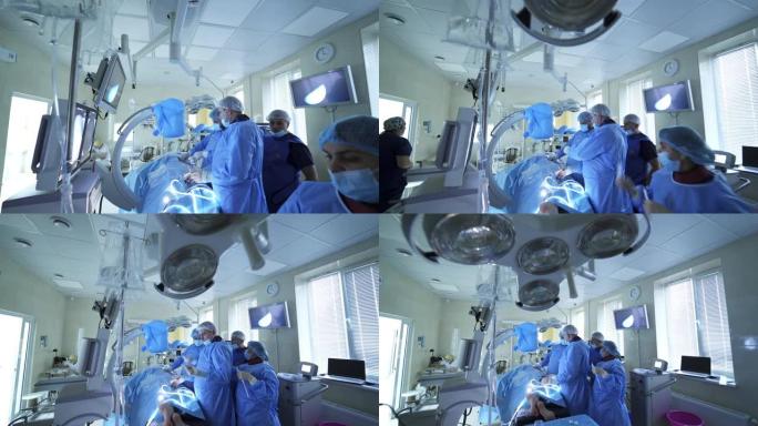 外科医生团队在手术室进行妇科腹腔镜手术