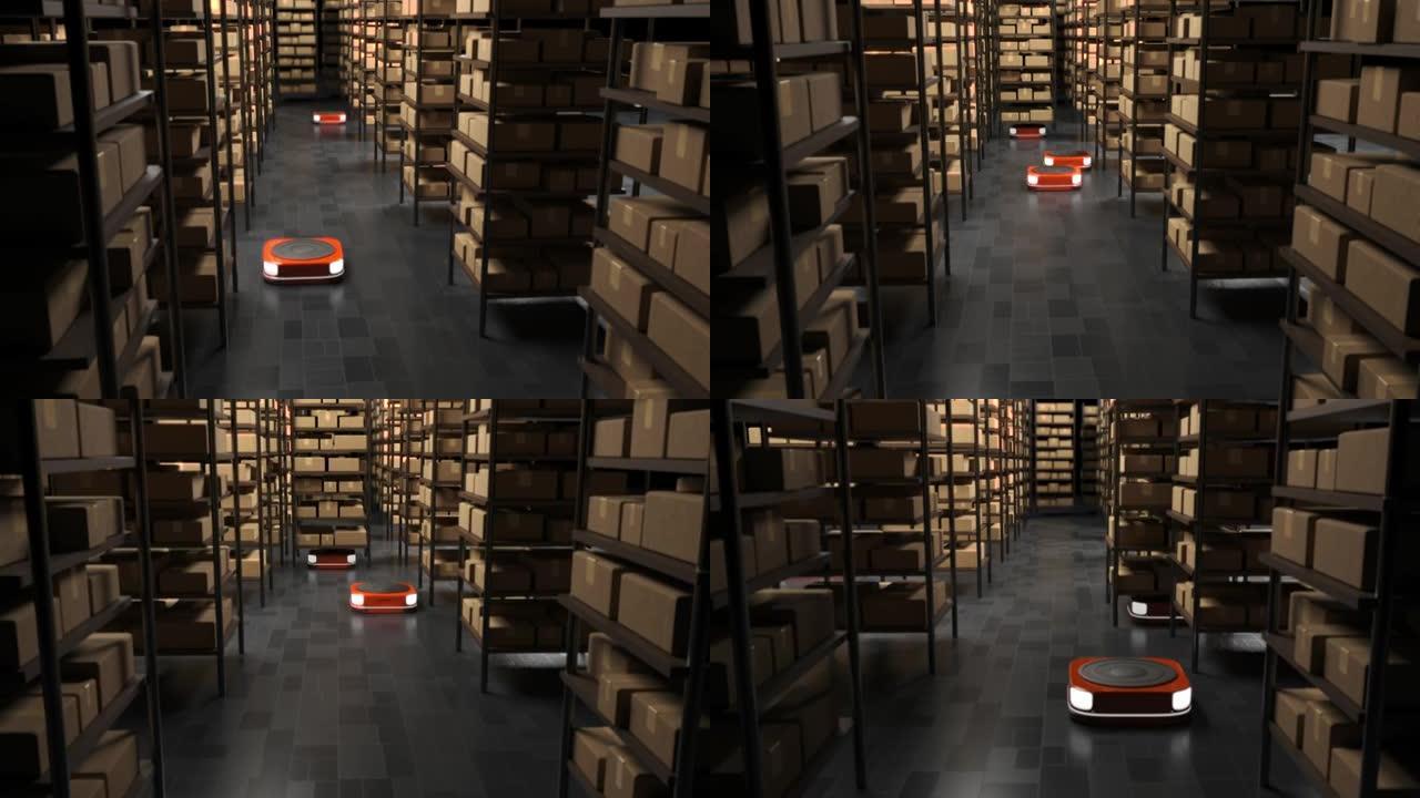 带前灯的平板机器人仓库管理员在黑暗的仓库3d动画中移动