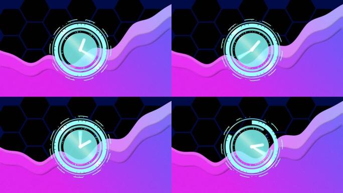 蓝色背景上紫色形状和六边形上移动时钟的动画
