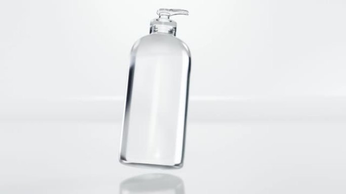 消毒凝胶bottel循环动画，空气中的瓶子，白色透明泵bottel中的无水清洁手凝胶，塑料，3d渲染