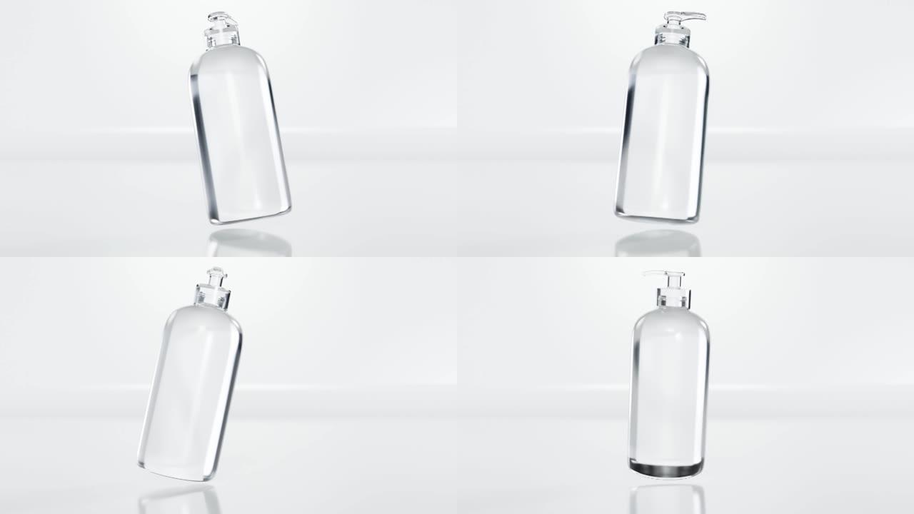 消毒凝胶bottel循环动画，空气中的瓶子，白色透明泵bottel中的无水清洁手凝胶，塑料，3d渲染