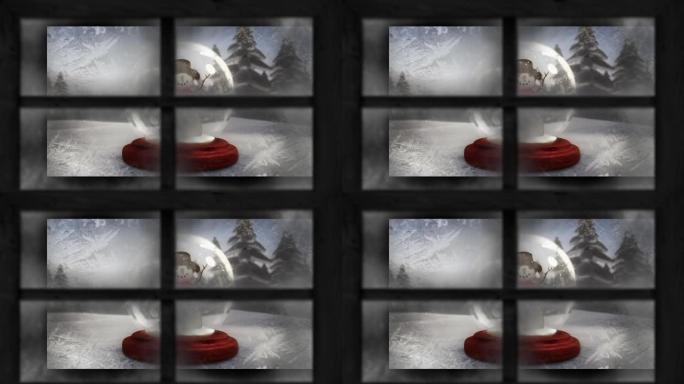 透过窗户看到的冬天的雪人在雪球上落下的动画