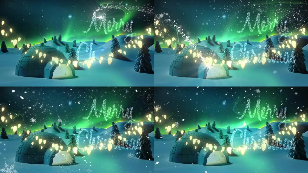 发光的仙女灯装饰与圣诞快乐的文字和流星在冬天的风景