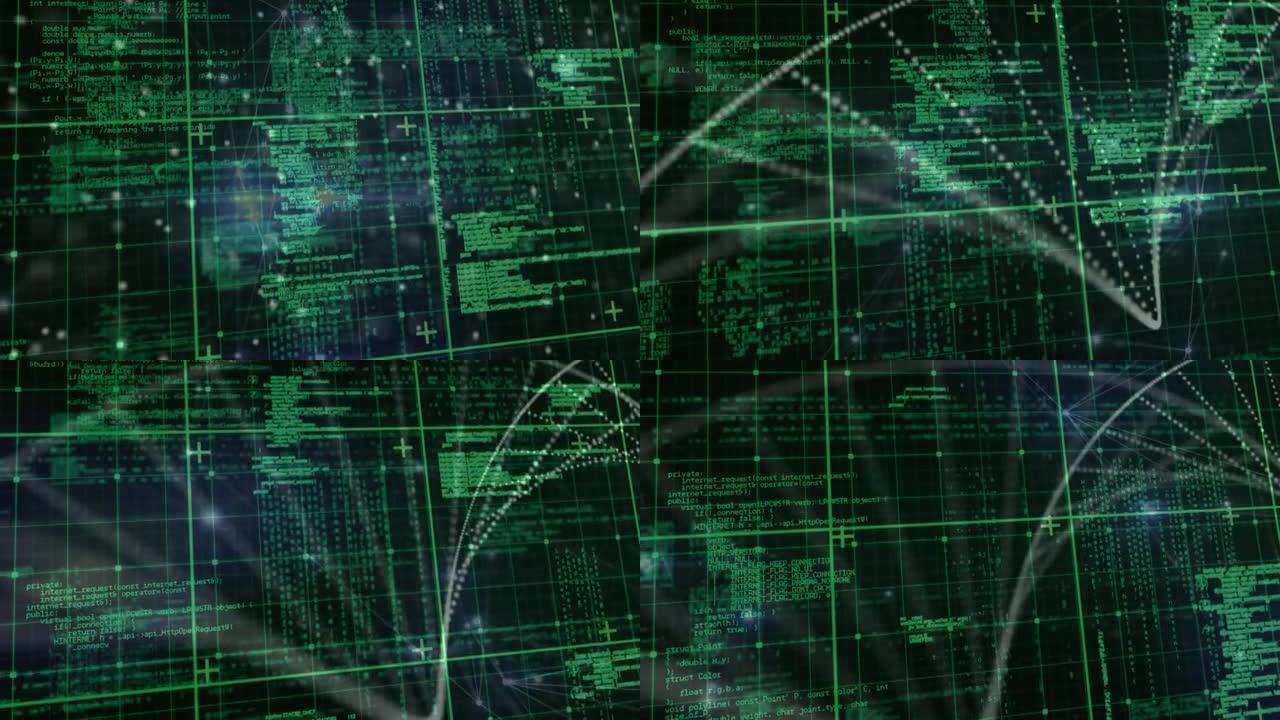 绿色网格和粒子在处理绿色数据上形成dna螺旋的动画，黑色