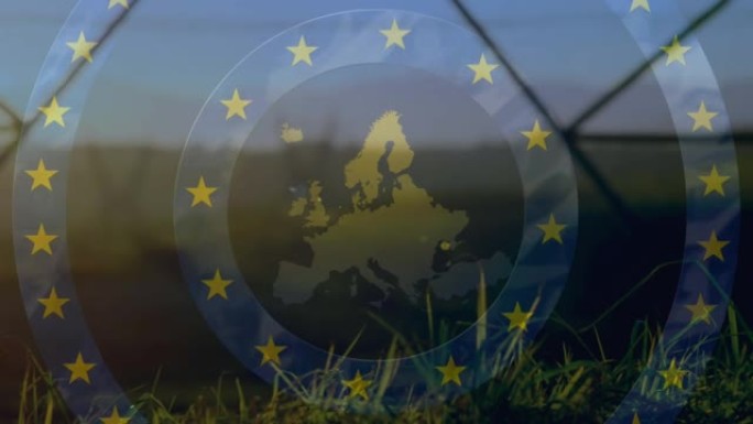 欧洲地图的动画，在野外的电塔上悬挂欧盟国旗的星星