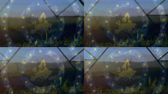 欧洲地图的动画，在野外的电塔上悬挂欧盟国旗的星星