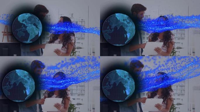 全球网络和蓝色粒子的动画处理办公室工作中的男人和女人的数据