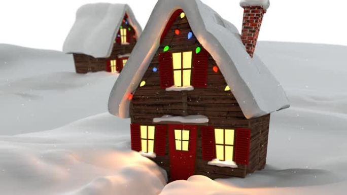 冬天风景中圣诞仙女灯装饰的雪花落在房子上的动画