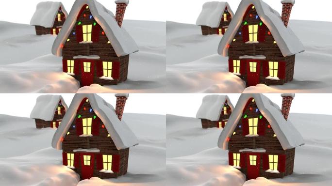 冬天风景中圣诞仙女灯装饰的雪花落在房子上的动画
