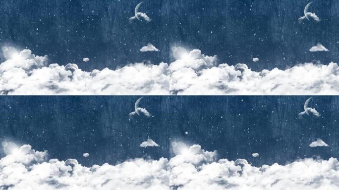 蓝色背景上的雪落在月亮和云上的动画