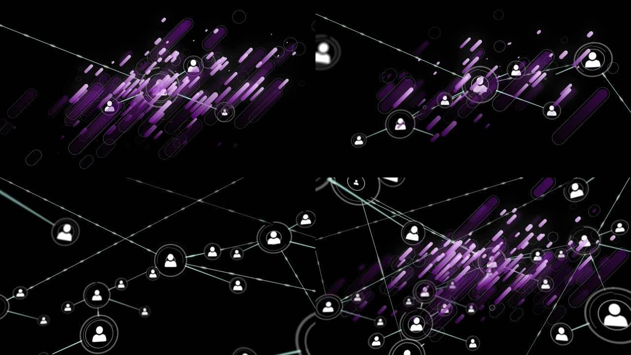 黑色背景上带有图标的紫色线条和连接网络的动画