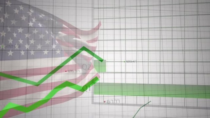 黑色背景上的美国国旗上的数据处理和绿色图形动画
