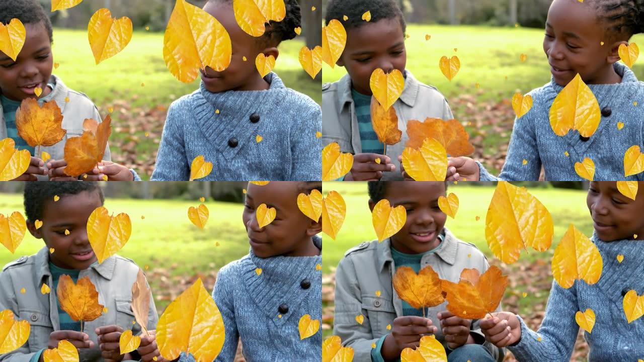 秋叶的动画落在公园里快乐的非洲裔美国男孩和女孩身上