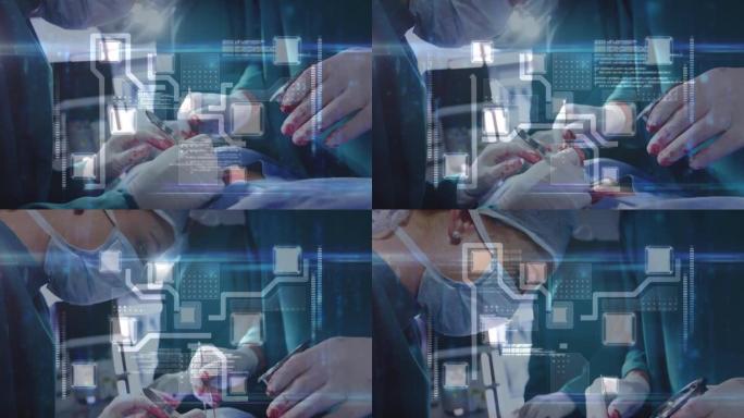 手术室中通过外科医生的连接网络进行数据处理的动画
