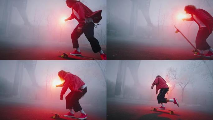 时髦的青少年在晚上骑着滑板，一只手拿着红色燃烧的火炬。危险特技，专业滑冰
