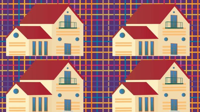 彩色网格背景上的家庭住宅插图动画
