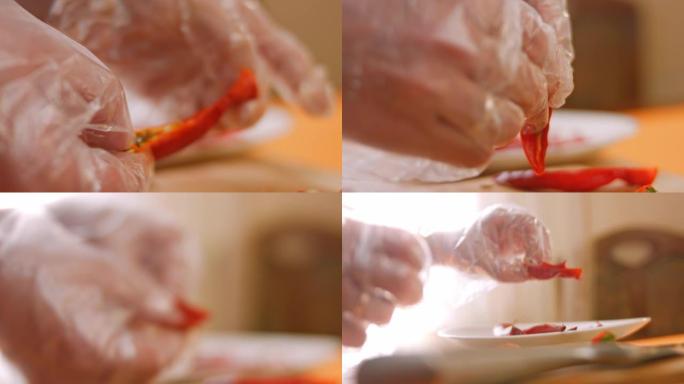 去皮南瓜，磨碎并榨汁。自制辣椒酱。4k视频