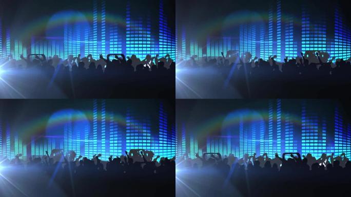 红色斑点的动画在蓝色闪烁的灯光下在跳舞的人群中移动
