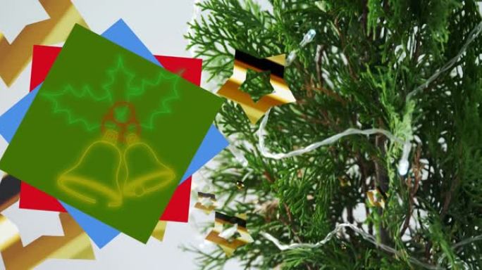 圣诞装饰和树枝上的霓虹圣诞铃铛动画