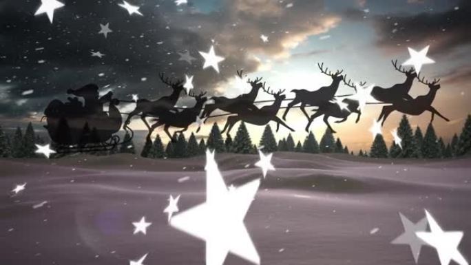 圣诞老人在雪橇上的动画，驯鹿在雪地上，星星落下和冬天的风景