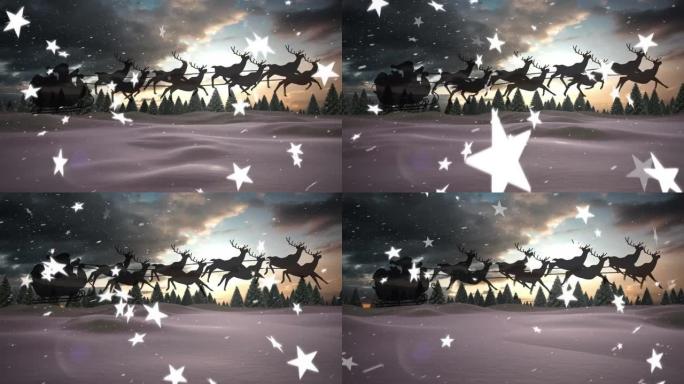 圣诞老人在雪橇上的动画，驯鹿在雪地上，星星落下和冬天的风景