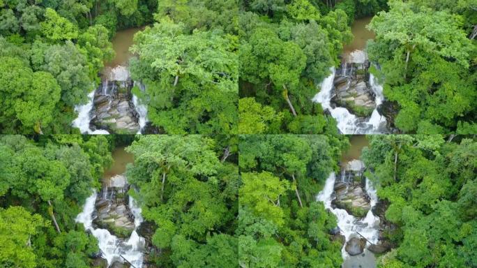 Sirithank瀑布的鸟瞰图，喷水溅出了Doi Inthanon国家公园山著名的瀑布之一。位于泰国