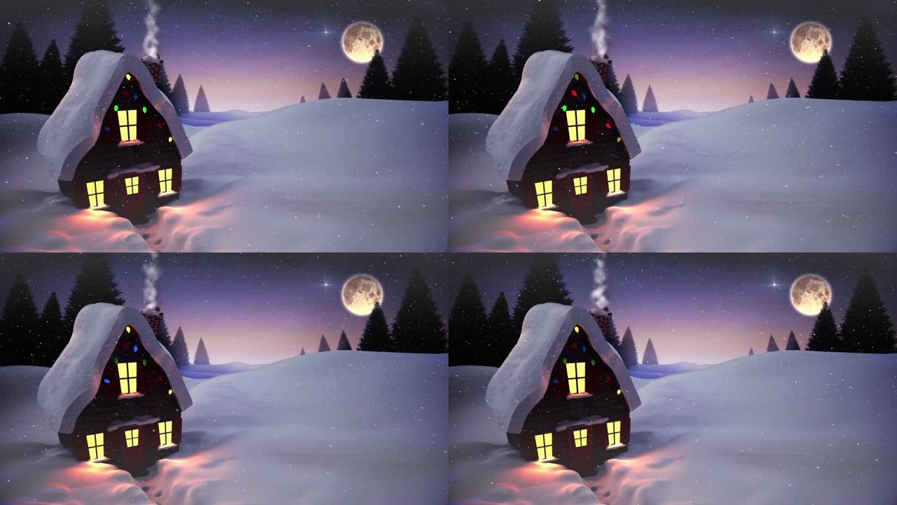 积雪落在房屋和冬季景观上的动画