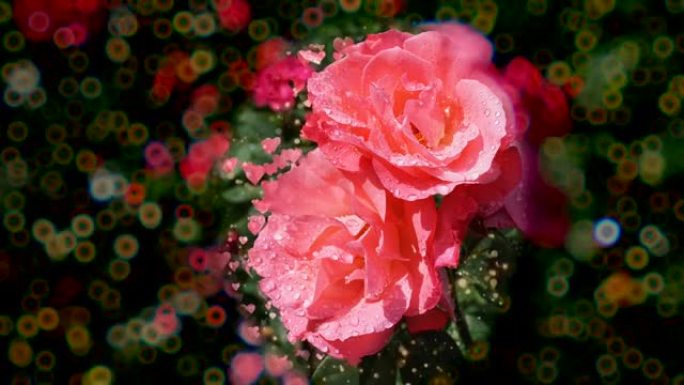彩虹色和bokeh画框中的粉红玫瑰