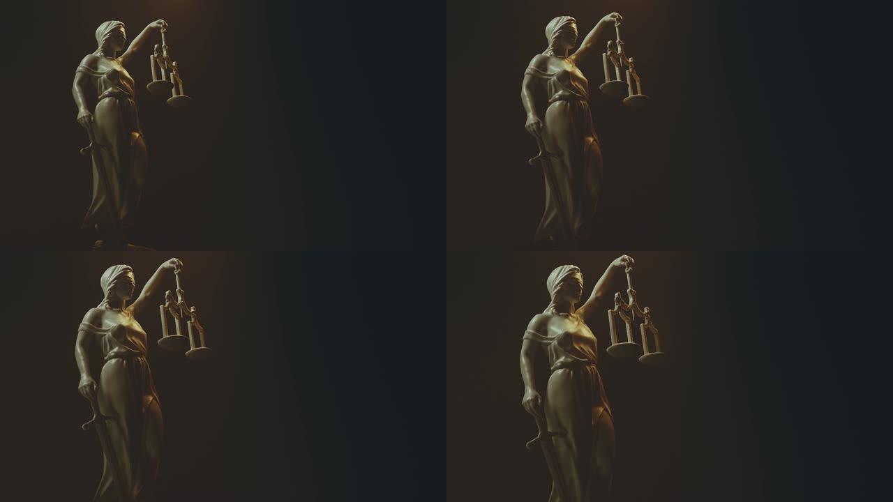 正义女士3d动画。在黑色背景上手持鳞片和剑的人物。法律和公正判断的象征。