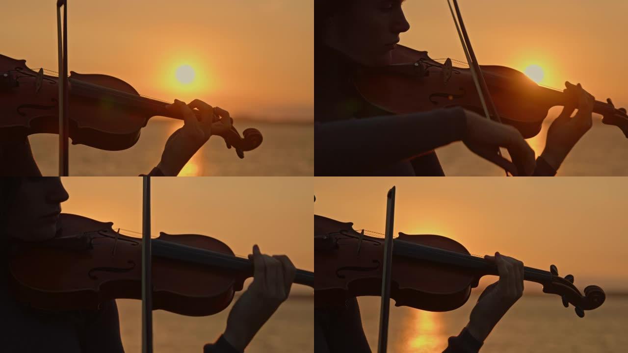 女人在日出时演奏小提琴