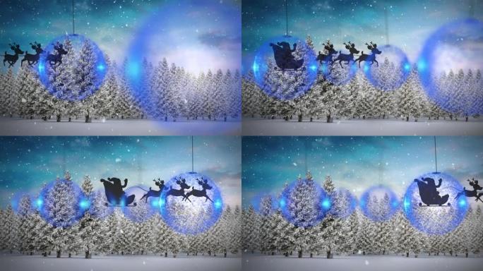 圣诞老人在雪橇上的动画，驯鹿在积雪，小玩意和冬季景观上