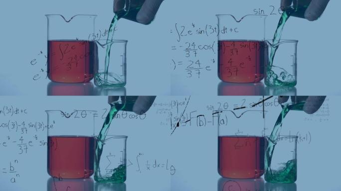 科学家拿着烧杯上的数学方程式动画