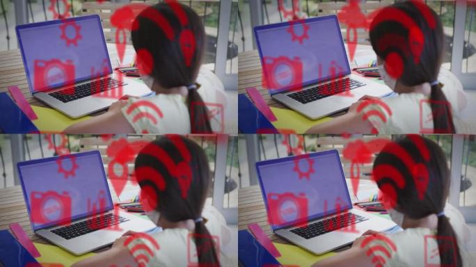 在家里使用笔记本电脑在面具上的高加索女孩上的数字图标动画