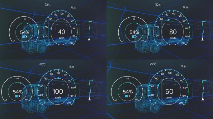 车辆接口上的速度计，gps和充电状态数据的动画，通过3d卡车模型