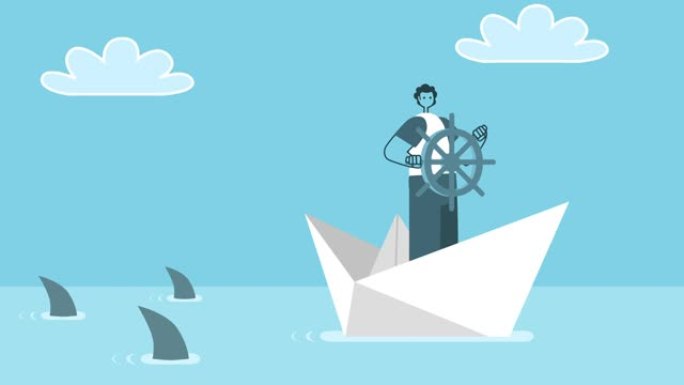 卡通男子乘纸船从三条鲨鱼袭击中驶离。平面设计2d字符孤立循环动画