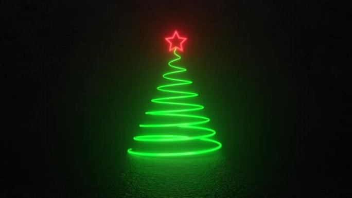 圣诞树形状的绿色发光条纹和黑色背景上的红色星星。新年和圣诞节的象征。寒假背景。无缝循环，3D动画4K