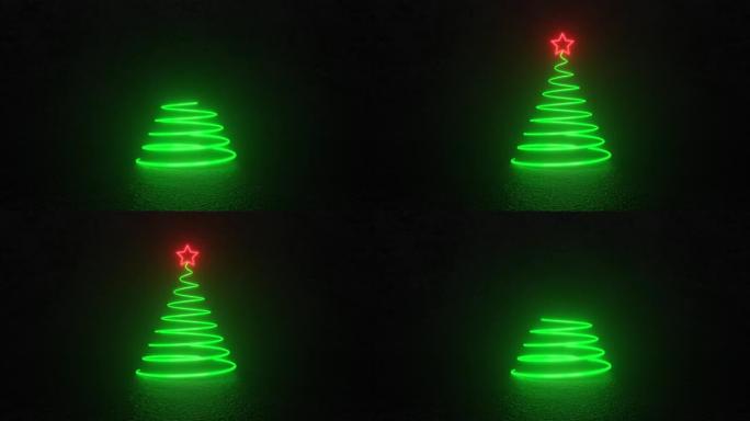 圣诞树形状的绿色发光条纹和黑色背景上的红色星星。新年和圣诞节的象征。寒假背景。无缝循环，3D动画4K
