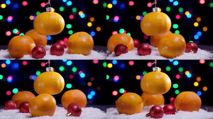 4K.由橙色橘子水果制成的飞行漩涡圣诞玩具。
