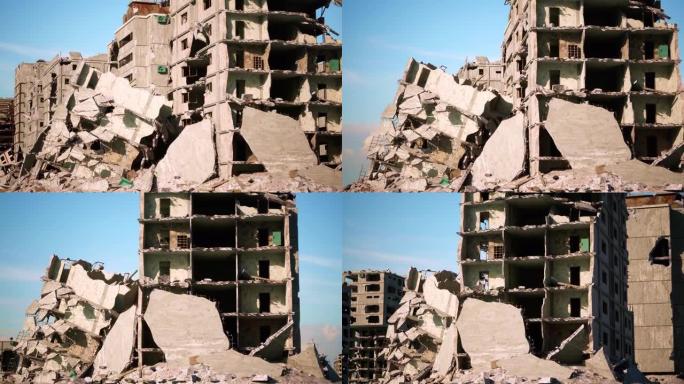 在战争和冲突中被原子弹摧毁的多层建筑的破坏和破坏的特写