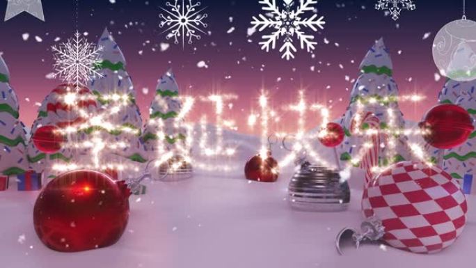 中文文本中的圣诞快乐，冬天风景上的圣诞装饰品上飘落的雪