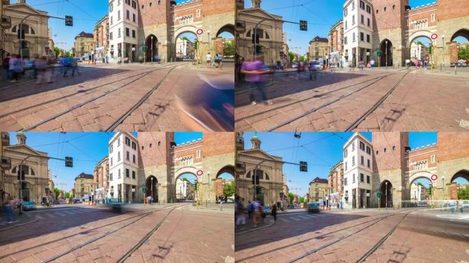 意大利阳光灿烂的一天米兰市著名的交通十字路口旧门户ticinese全景4k延时