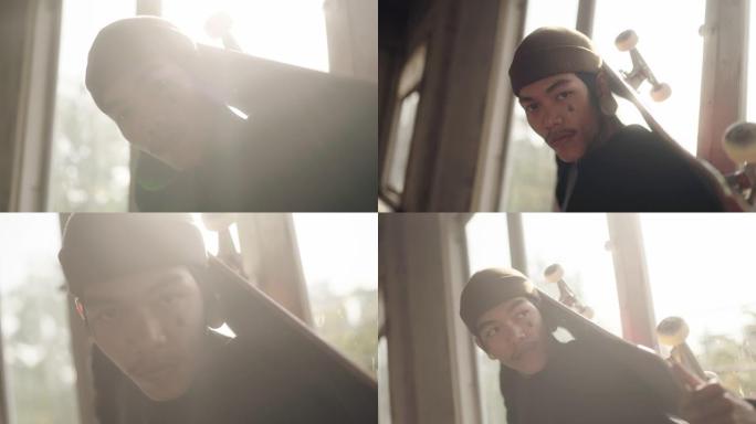 亚洲酷男滑板手肖像。