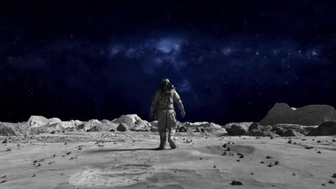 勇敢的宇航员穿着太空服自信地在月球表面走向银河系，被岩石覆盖。卫星表面的第一位宇航员。先进技术、太空