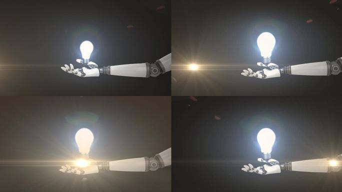 黑暗背景下扩展机器人手臂的照明灯泡动画