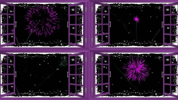 夜空中有星星的开窗动画和五颜六色的圣诞节和新年烟花