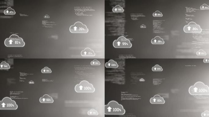 黑色背景上百分比的数据处理和云的动画