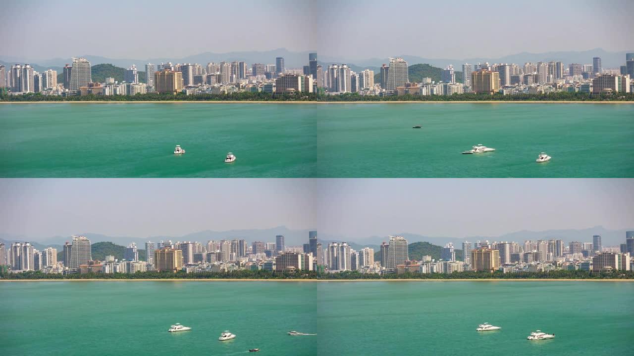 阳光灿烂的三亚城市湾屋顶全景4k延时中国海南岛